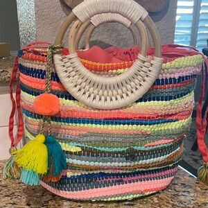 Multicolor Woven Tote with Pom Tassels and Round Handles